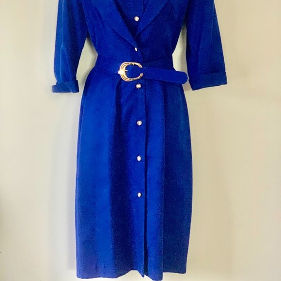 Vintage Blue Ladies Belted Dress PIAF Size 8 - Picture 2 of 2